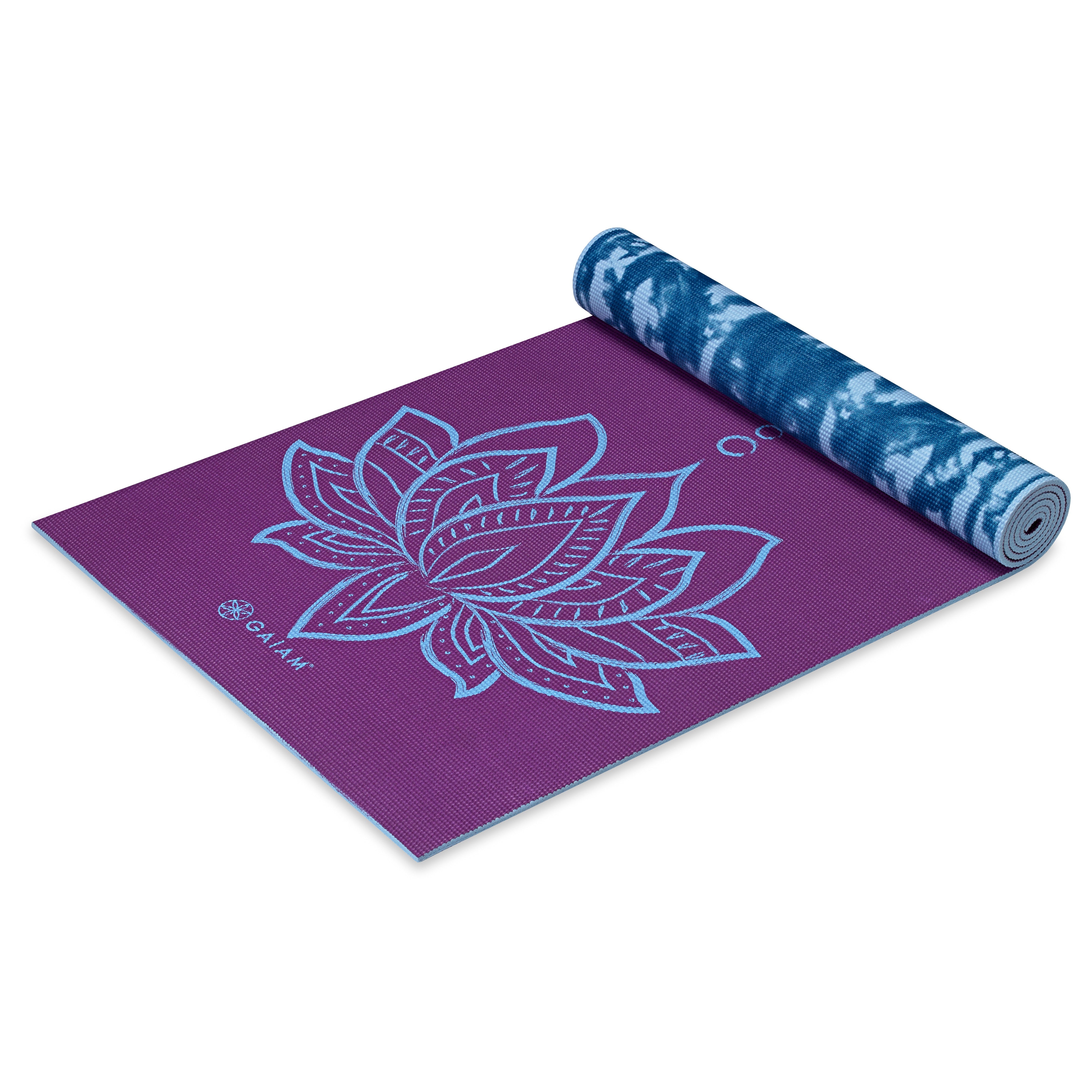 Reversible Purple Lotus Yoga Mat (6mm) top rolled angle