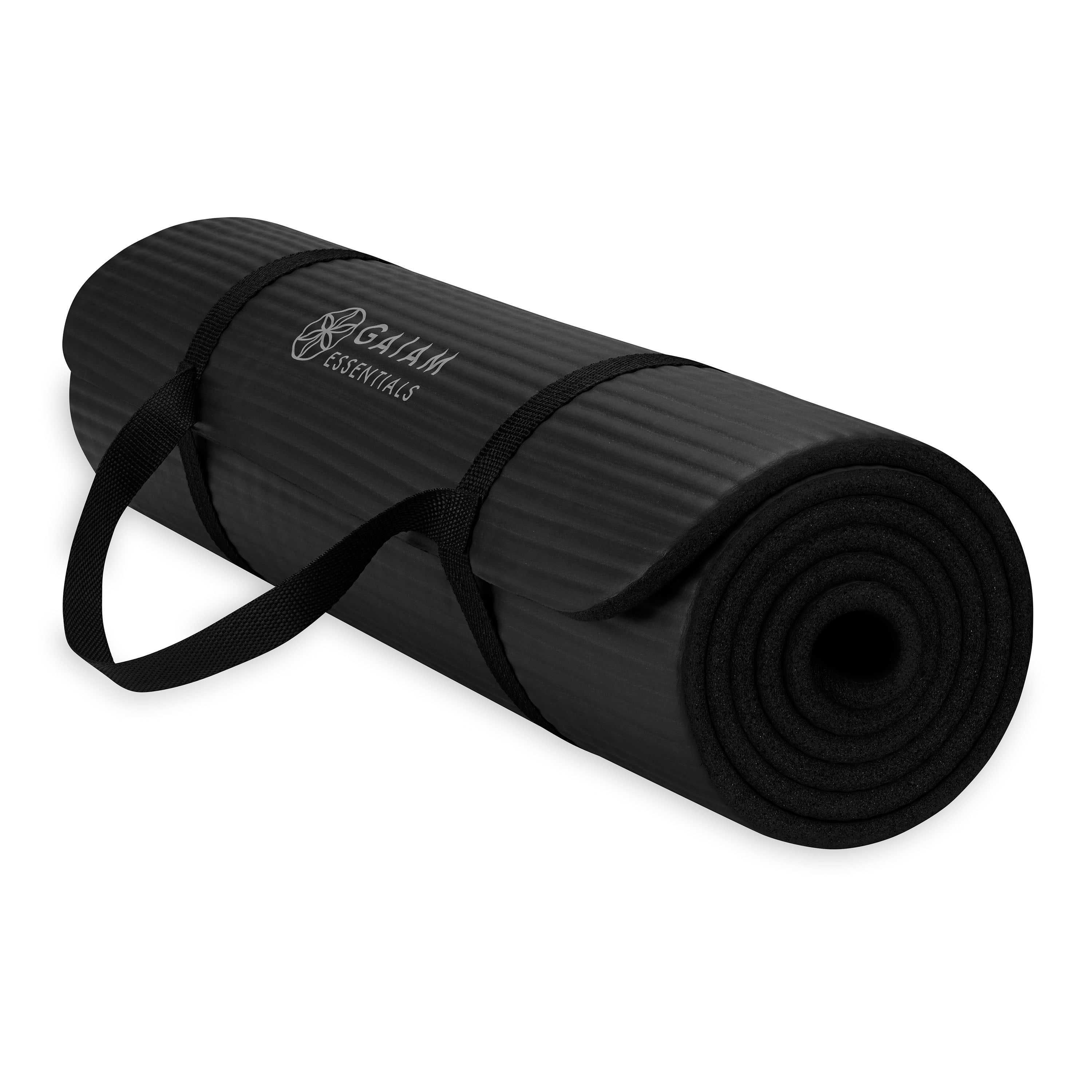Gaiam Essentials Fitness Mat & Sling (10mm) Black rolled with sling angle